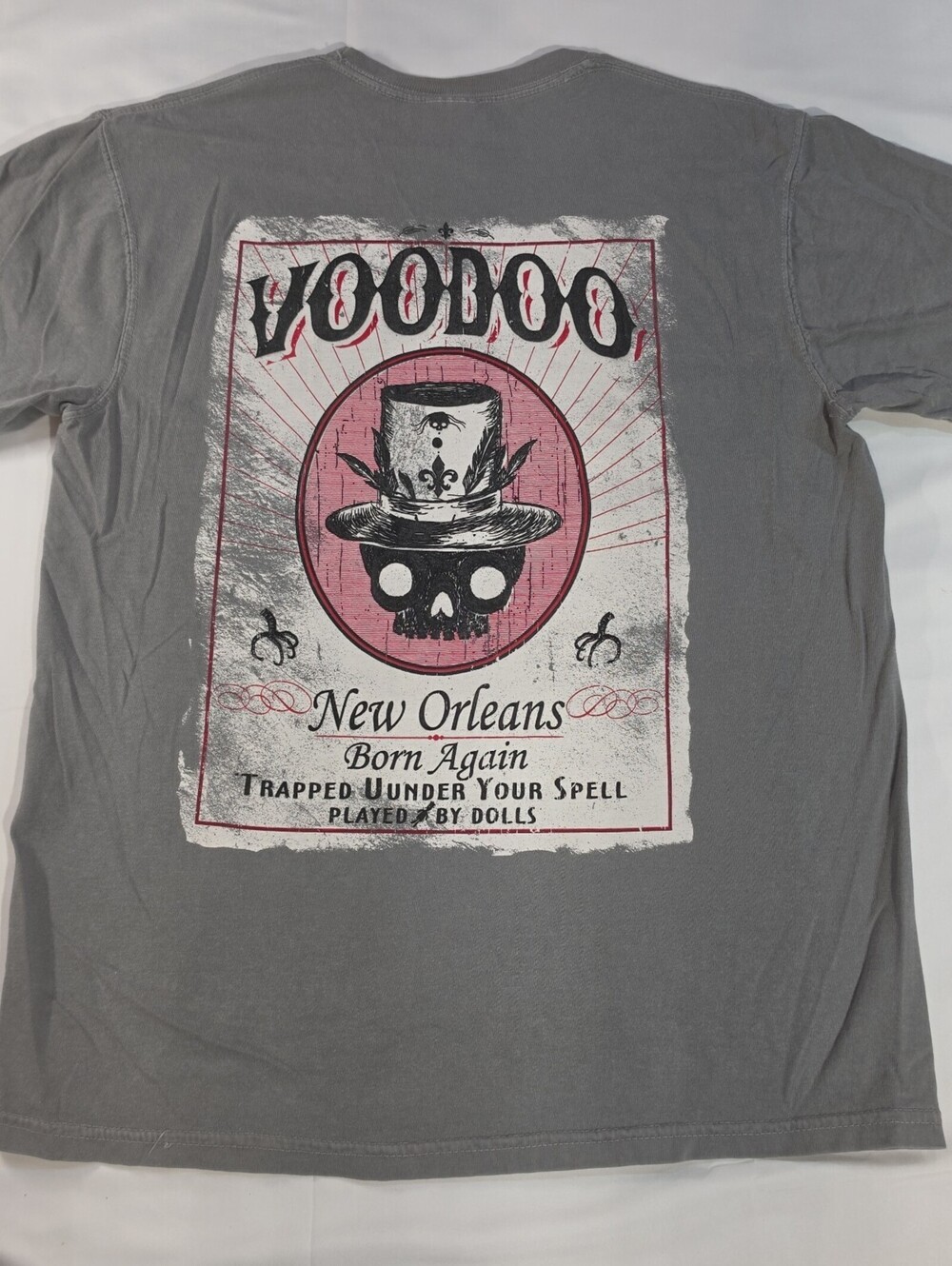 Classic VOODOO New Orleans T Shirt Mens Magic Skull~ M~Distressed Grey~EUC